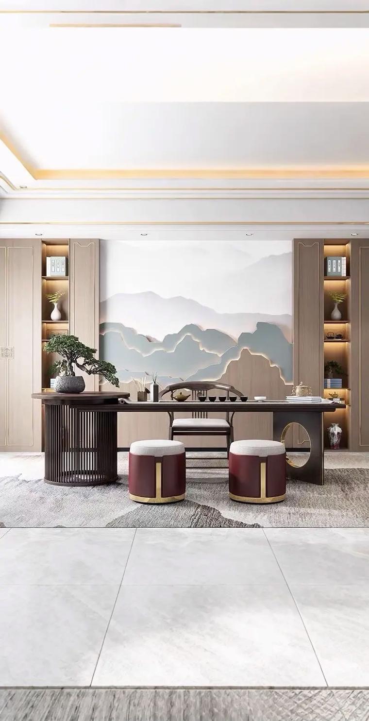 新中式禅意茶空间 黑胡桃木茶桌椅组合的艺术与实用