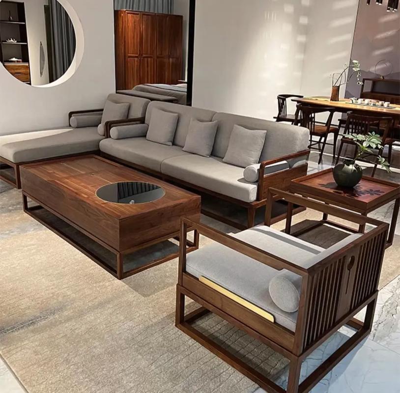 新中式北美黑胡桃木沙发组合 禅意布艺与小户型空间的完美融合